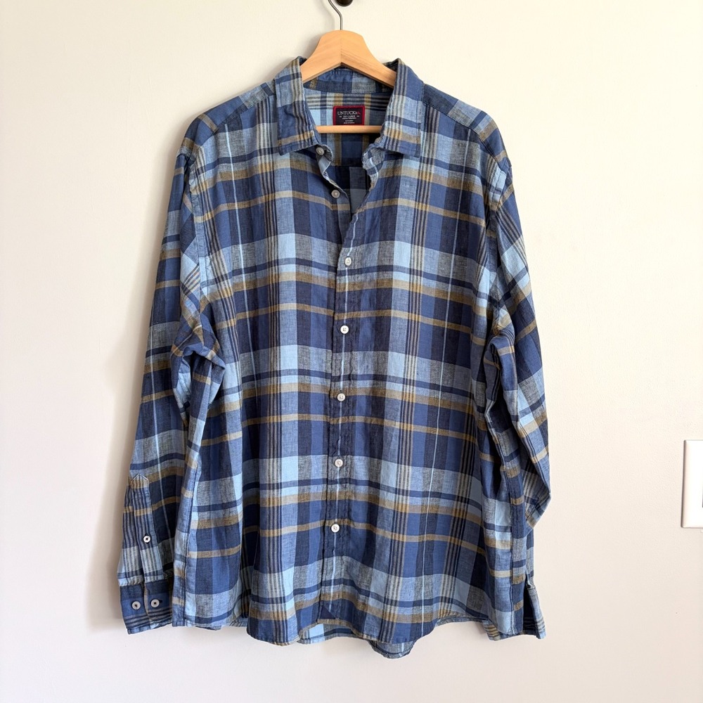 UNTUCKit Men's Plaid Tribuno Linen Button Down Shirt Size XXL Blue Yellow